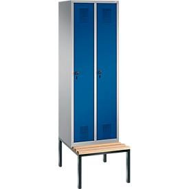 Garderobenspind Evolo S 3000, Stahl, m. untergebauter Sitzbank, 2 Abteile m. jew. B 300 mm, Sicherheitsdrehriegelverschluss, weissaluminium RAL 9006/enzianblau RAL 5010