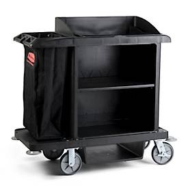 Hotelwagen Rubbermaid®, mittelgroß, Schrank mit verstellbarem Zwischenboden, Staubsaugerhalterung, Beutelhalter & Haken, Laufrollen mit Festesteller