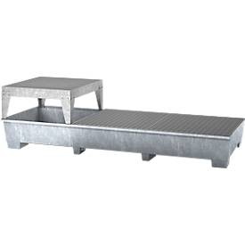 IBC-Station ASECOS, Stahl, mit Gitterrost, Abfüllblock u. Staplerschuhen, 1000 l Auffangvolumen, B 3280 x T 1300 x H 820 mm, verzinkt