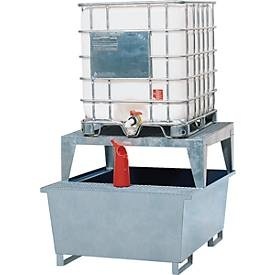 IBC-Station ASECOS, Stahl, mit Gitterrost, Abfüllblock u. Staplerschuhen, B 1350 x T 1650 x H 1180 mm, verzinkt