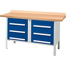 Kastenwerkbank Schäfer Shop Select PWi 150-6, Buche-Multiplexplatte, bis 750 kg, B 1500 x T 700 x H 840 mm, Lichtgrau/Enzianblau