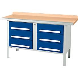 Kastenwerkbank Schäfer Shop Select PWi 150-6, Buche-Multiplexplatte, mit Stahlkante, bis 750 kg, B 1500 x T 700 x H 840 mm, Lichtgrau/Enzianblau