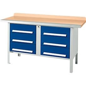 Kastenwerkbank Schäfer Shop Select PWi 150-6, Buche-Multiplexplatte, mit Stahlkante, bis 750 kg, B 1500 x T 700 x H 840 mm, Enzianblau/Weissaluminium