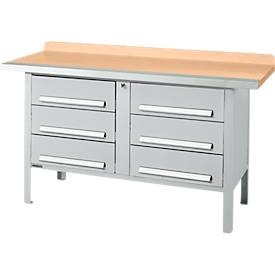 Kastenwerkbank Schäfer Shop Select PWi 150-6, Buche-Multiplexplatte, mit Stahlkante, bis 750 kg, B 1500 x T 700 x H 840 mm, Weißaluminium