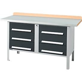 Kastenwerkbank Schäfer Shop Select PWi 150-6, ESD, Buche-Multiplexplatte, mit Stahlabdeckung, bis 750 kg, B 1500 x T 700 x H 840 mm, Anthrazit/Weissaluminium