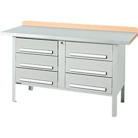 Kastenwerkbank Schäfer Shop Select PWi 150-6, ESD, Buche-Multiplexplatte, mit Stahlabdeckung, bis 750 kg, B 1500 x T 700 x H 840 mm, Lichtgrau