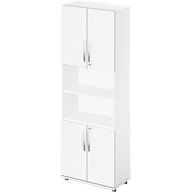 Kombischrank LOGIN, oben und unten 2 Ordnerhöhen mit Tür, Mitte Regal, B 800 x T 420 x H 2196 mm, weiß/weiß