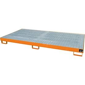 Regal-Bodenwanne 240 l Auffangvolumen, LxBxH 2650 x 1300 x 210 mm mit Gitterrost, orange lackiert