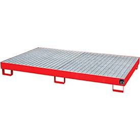 Regal-Bodenwanne 240 l Auffangvolumen, LxBxH 2150 x 1300 x 225 mm mit Gitterrost, rot lackiert