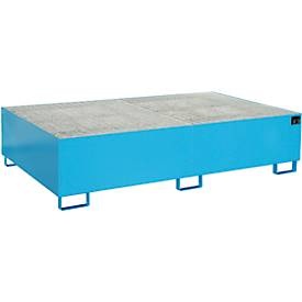 Regal-Bodenwanne 1000 l Auffangvolumen, LxBxH 2150 x 1300 x 505 mm mit Gitterrost, blau lackiert