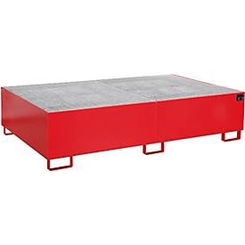 Regal-Bodenwanne 1000 l Auffangvolumen, LxBxH 2150 x 1300 x 505 mm mit Gitterrost, rot lackiert