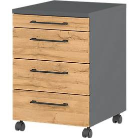 Rollcontainer 1333 Profi 2.0, 1 Utensilienauszug, 3 Schübe, Bügelgriffe, B 420 x H 610 x T 490 mm, lichtgrau/graphit