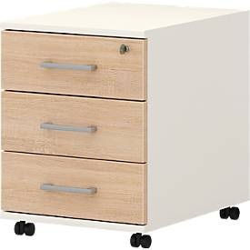 Rollcontainer 333 TEMPIO, aus Holz, 3 Schubkästen (1 mit Schloss), B 430 x T 500 x H 550 mm, weiss/Sonoma Eiche