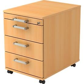 Rollcontainer TARVIS, 1 Utensilienauszug, abschliessbar, 3 Schübe, B 428 x T 580 x H 590 mm, Buche-Dekor