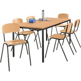 Stahlrohr-Tisch mit 6 Stapelstühlen, Gestell Tisch schwarz/Stuhl braun