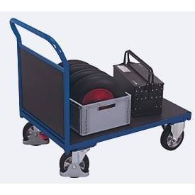 Stirnwandwagen, Stahl/Siebdruckplatte, Enzianblau/Dunkelbraun, L 2025 x B 800 mm, Vollgummi-Rollen mit EasySTOP, bis 1000 kg