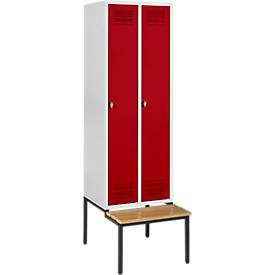 Schäfer Shop Genius Kleiderspind mit Sitzbank, 2 Abteile, Sicherheitsdrehriegelverschluss, lichtgrau/rot