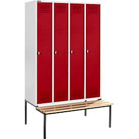 Schäfer Shop Genius Kleiderspind mit Sitzbank, 4 Abteile, Sicherheitsdrehriegelverschluss, lichtgrau/rot