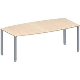 Schäfer Shop Genius Konferenztisch MODENA FLEX, Boot, 4-Fuss Quadratrohr, B 2000 x H 720-840 mm, Ahorn/weissaluminium