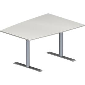 Schäfer Shop Genius Konferenztisch MODENA FLEX, Tonne, T-Fuss Rundrohr, B 1400 x T 1000 x H 650-850 mm, lichtgrau/weissaluminium RAL 9006