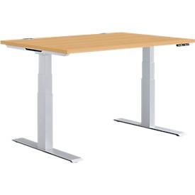 Schäfer Shop Genius Schreibtisch MODENA FLEX, elektrisch höhenverstellbar, Rechteck, T-Fuss, B 1200 x T 800 mm, Buche/weissalu