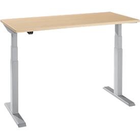 Schäfer Shop Select Home Office Schreibtisch, elektrisch höhenverstellbar, Rechteck, T-Fuss, B 1300 x T 650 x H 640-1300 mm, Ahorn/weissaluminium