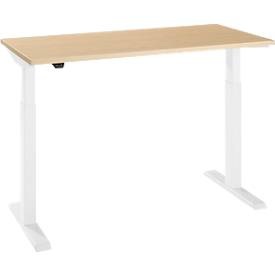 Schäfer Shop Select Home Office Schreibtisch, elektrisch höhenverstellbar, Rechteck, T-Fuss, B 1300 x T 650 x H 715-1205 mm, Ahorn/weiss