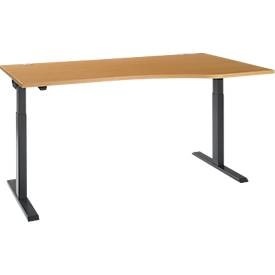 Schäfer Shop Select Schreibtisch ERGO-T 2.0, elektrisch höhenverstellbar, Freiform Ansatz rechts, T-Fuss, B 1800 x H 715-1205 mm, Buche/anthrazit