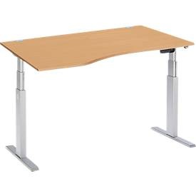 Schäfer Shop Select Schreibtisch ERGO-T, elektrisch höhenverstellbar, Freiform, Ansatz links, T-Fuss, B 1800 x H 640-1300 mm, Buche/weissalu