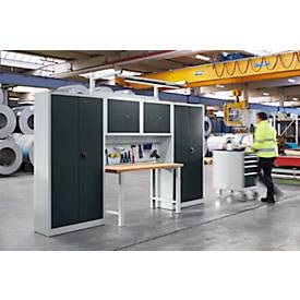 Schäfer Shop Select Werkstatt Schranksystem, 10 Elemente, B 3100 x H 1935 mm, Stahl & Multiplexplatte, weissaluminium RAL 9006/anthrazitgrau RAL 7016