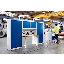 Schäfer Shop Select Werkstatt Schranksystem, 10 Elemente, B 3100 x H 1935 mm, Stahl & Multiplexplatte, lichtgrau RAL 7035/enzianblau RAL 5010