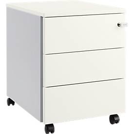 Schäfer Shop Pure Rollcontainer 333, Stahlkorpus, Holzfront, Rollen, abschliessbar, B 435 x T 565 x H 567 mm, 3 Schübe, weissaluminium/weissaluminium