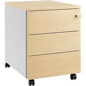 Schäfer Shop Pure Rollcontainer 333, Stahlkorpus, Holzfront, Rollen, abschliessbar, B 435 x T 565 x H 567 mm, 3 Schübe, Ahorn/weissaluminium