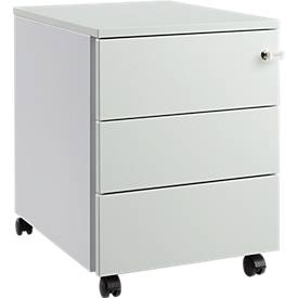 Schäfer Shop Pure Rollcontainer 333, Stahlkorpus, Holzfront, Rollen, abschliessbar, B 435 x T 565 x H 567 mm, 3 Schübe, lichtgrau/weissaluminium