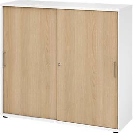 Schiebetürschrank Breno, abschliessbar, Spanplatte, melaminharzbeschichtet, B 1200 x T 400 x H 1100 mm, 3 Ordnerhöhen, weiss/Eiche
