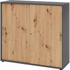 Schiebetürschrank Breno, abschliessbar, Spanplatte, melaminharzbeschichtet, B 1200 x T 400 x H 1100 mm, 3 Ordnerhöhen, Graphit/Asteiche