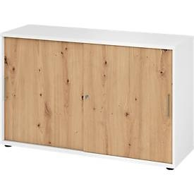 Schiebetürschrank Breno, abschliessbar, Spanplatte, melaminharzbeschichtet, B 1200 x T 400 x H 748 mm, 2 Ordnerhöhen, weiss/Asteiche