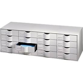 Schubladenbox Paperflow, A4, 16 Schübe, Teilauszug, geschlossene Fronten, Griffmulde & Etikettenhalter, Etiketten, B 1075 x T 342 x H 329 mm, PS, grau