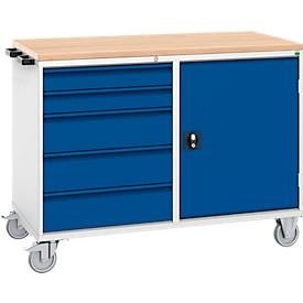 Schubladenschrank Serie Verso, fahrbar, 5 Schubladen, mit Tür, mit Holzauflage