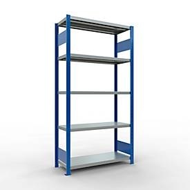 Schulte Lagertechnik Fachbodenregal-Stecksystem MULTIplus 250, Grundregal, Längenriegel, 2000x1000x400 mm, 5 Böden, enzianblau/verzinkt