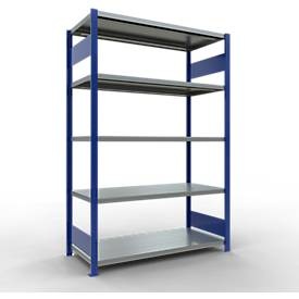 Schulte Lagertechnik Fachbodenregal-Stecksystem MULTIplus 250, Grundregal, Längenriegel, 2000x1300x600 mm, 5 Böden, enzianblau/verzinkt