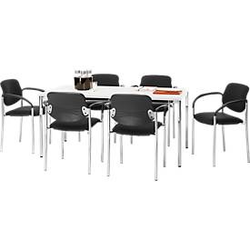 Set Konferenztisch B 1600 x T 800 mm + 6 stapelbare Besucherstühle Styl mit Armlehnen & Stoffbezug, Konferenztisch weiß