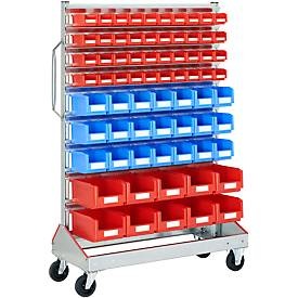 Sichtrollwagen f. Sichtlagerkästen, einseitig, B 1130 x T 510 x H 1705 mm, 40 x 0,7 l rot, 21 x 3 l blau, 10 x 7,5 l rot