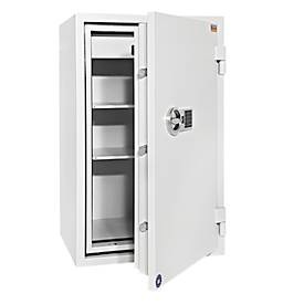Tresor FRS 93, Feuerwiderstand LFS 60P nach EN 15659, Sicherheitsstufe S 2, Elektronikschloss & Schlüsselverriegelung, 2 Fachböden & 1 Auszugsschublade, B 565 x T 450 x H 972 mm, lichtgrau RAL 7035