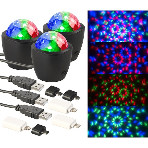 Lunartec 3er-Set Mini-RGB-Disco-Licht, Akustik-Sensor, USB- & iPhone-Anschluss