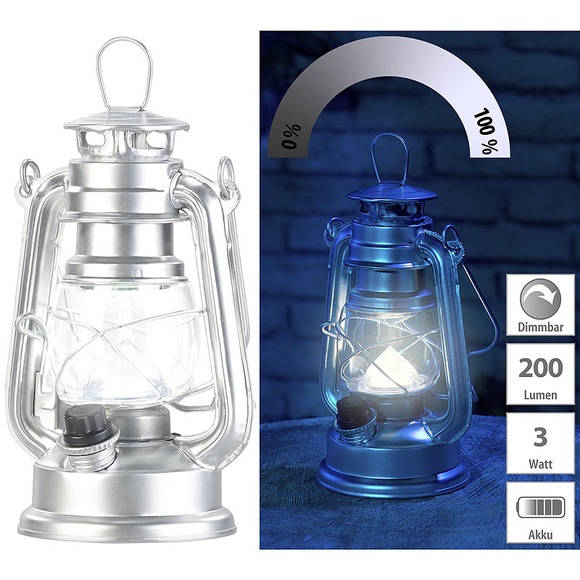 Lunartec Ultra helle Mini-LED-Sturmlampe, Batterie, 200lm, 3W, 8000 K, silbern