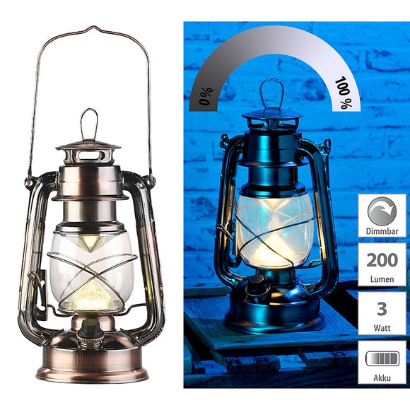 Lunartec Ultra helle LED-Sturmlampe, Batterie, 200lm, 3W, warmweiss, bronze