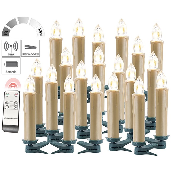 Lunartec FUNK-Weihnachtsbaum-LED-Kerzen, FUNK-Fernbedienung, 20er-Set, golden