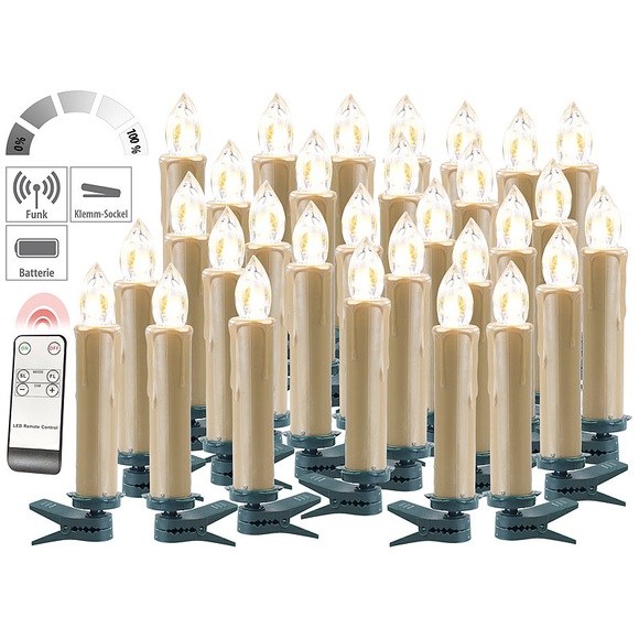 Lunartec FUNK-Weihnachtsbaum-LED-Kerzen, Fernbedienung, 30er-Set, golden