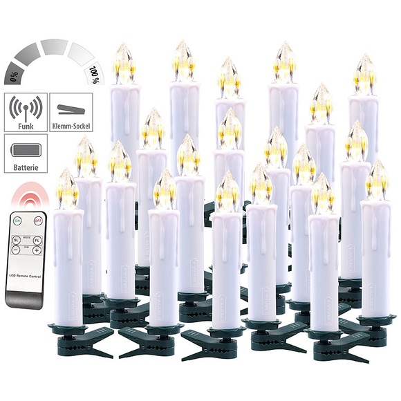 Lunartec FUNK-Weihnachtsbaum-LED-Kerzen mit FUNK-Fernbedienung, 20er-Set, weiss